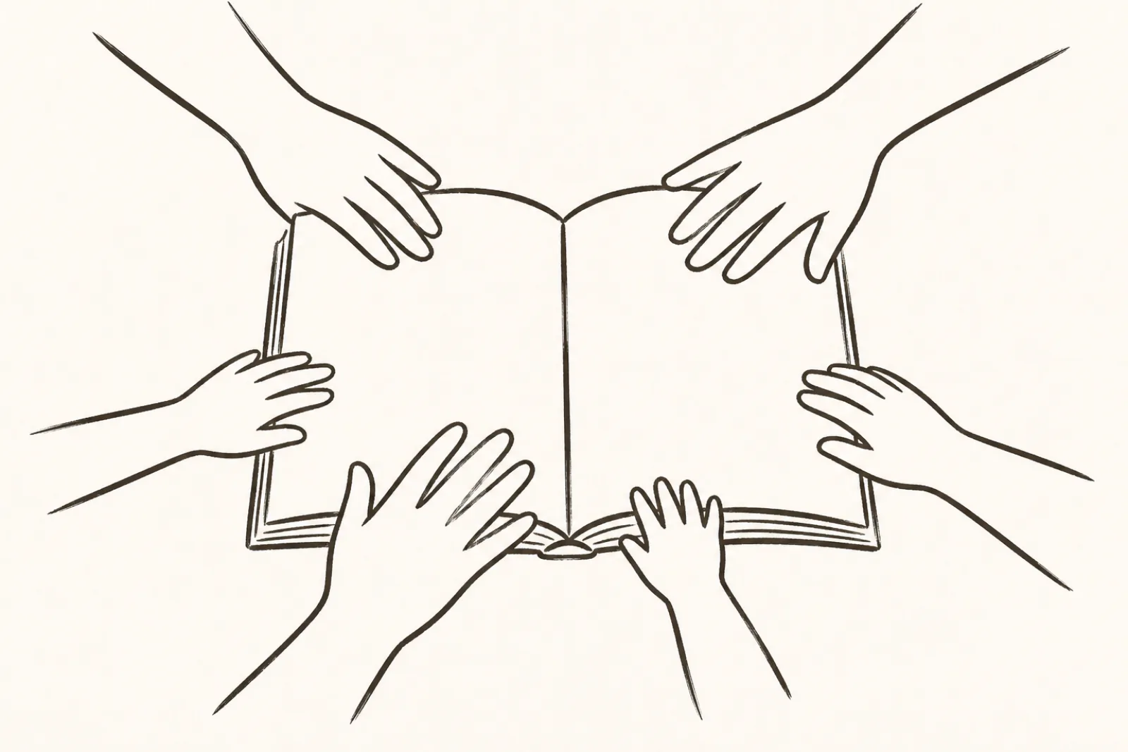 Seis manos reunidas sobre un libro abierto: el documento que se decide en conjunto.