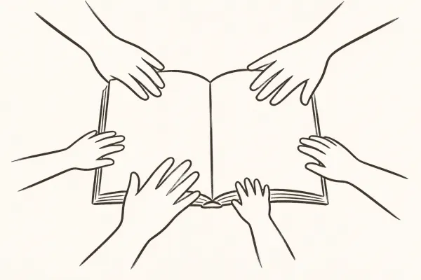 Seis manos reunidas sobre un libro abierto: el documento que se decide en conjunto.