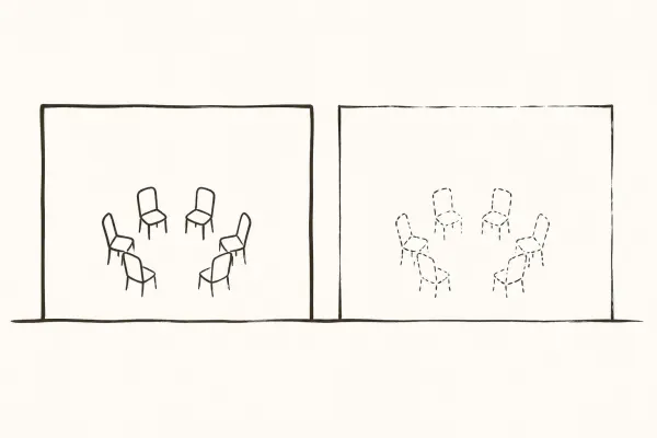 Dos espacios conectados: un círculo presencial y el mismo círculo construido en línea.